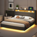 Upholstered Bed with USB Port, LED Lights, Storage Headboard (160x200cm) - Gray Linen