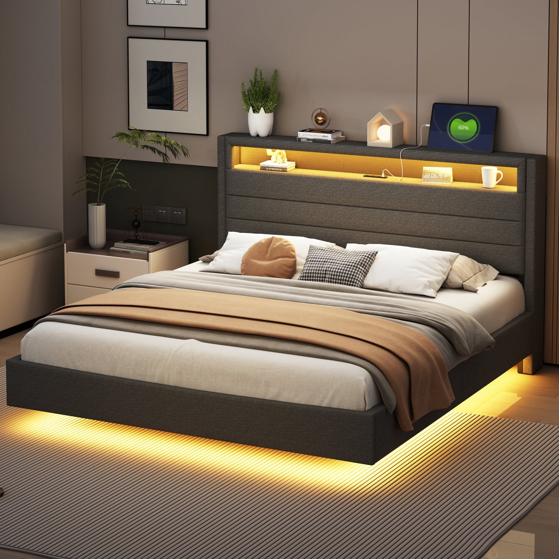 Upholstered Bed with USB Port, LED Lights, Storage Headboard (160x200cm) - Gray Linen