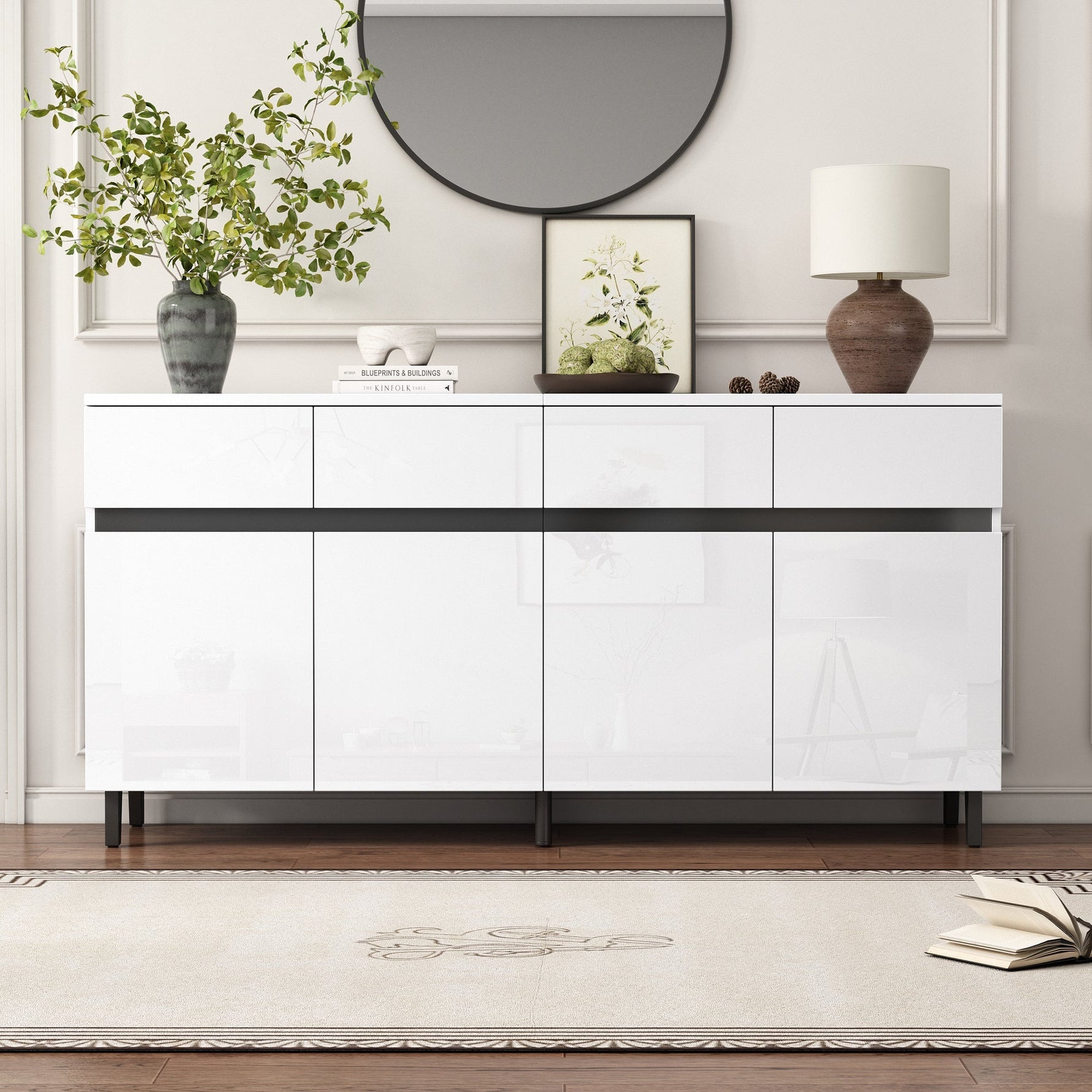 High-Gloss Sideboard 4 Drawers 2 Doors Adjustable Shelves