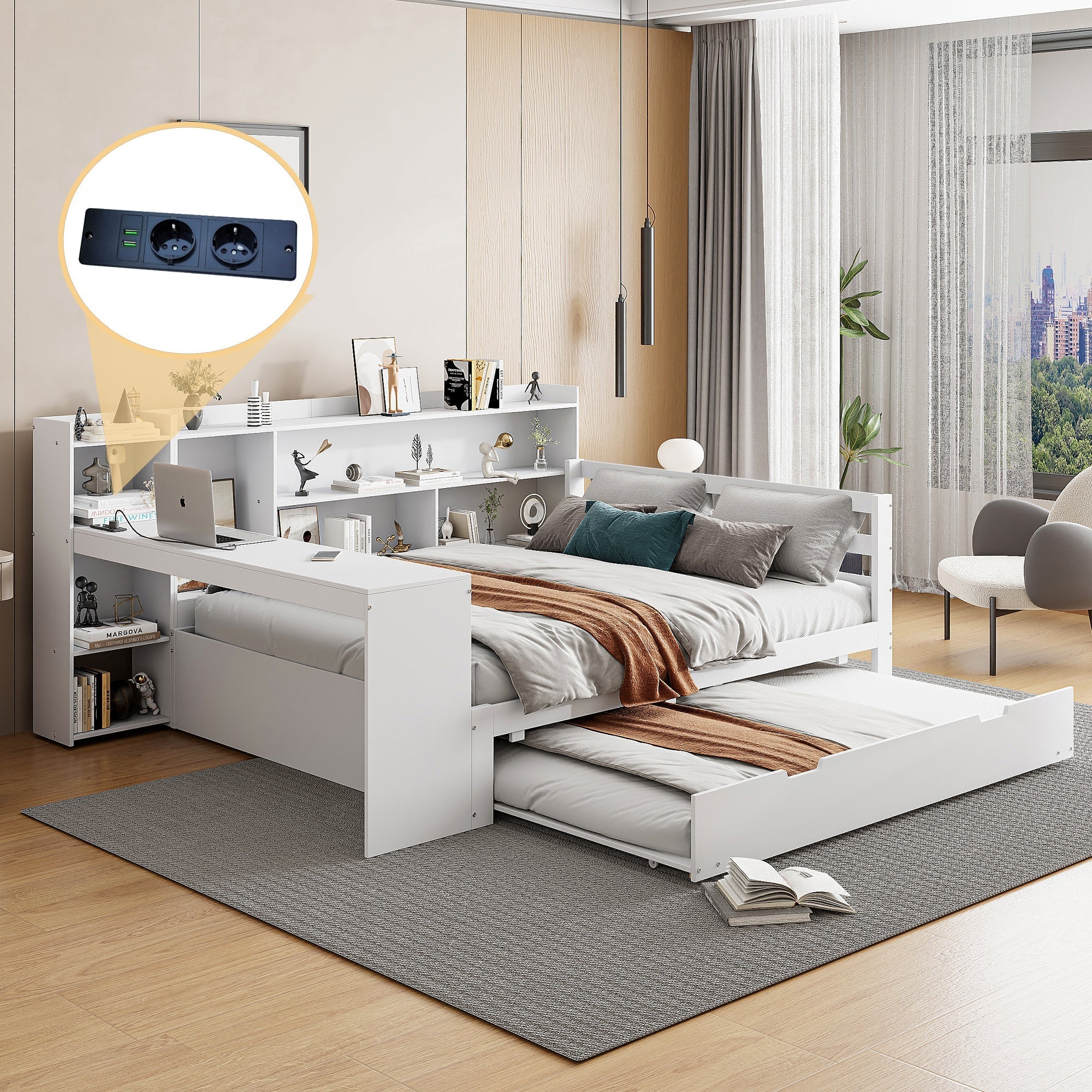 Sofa Bed, Multifunctional Double with Desk, Bookshelves, Storage, Power Outlets, Pull-Out Bed, Solid Wood