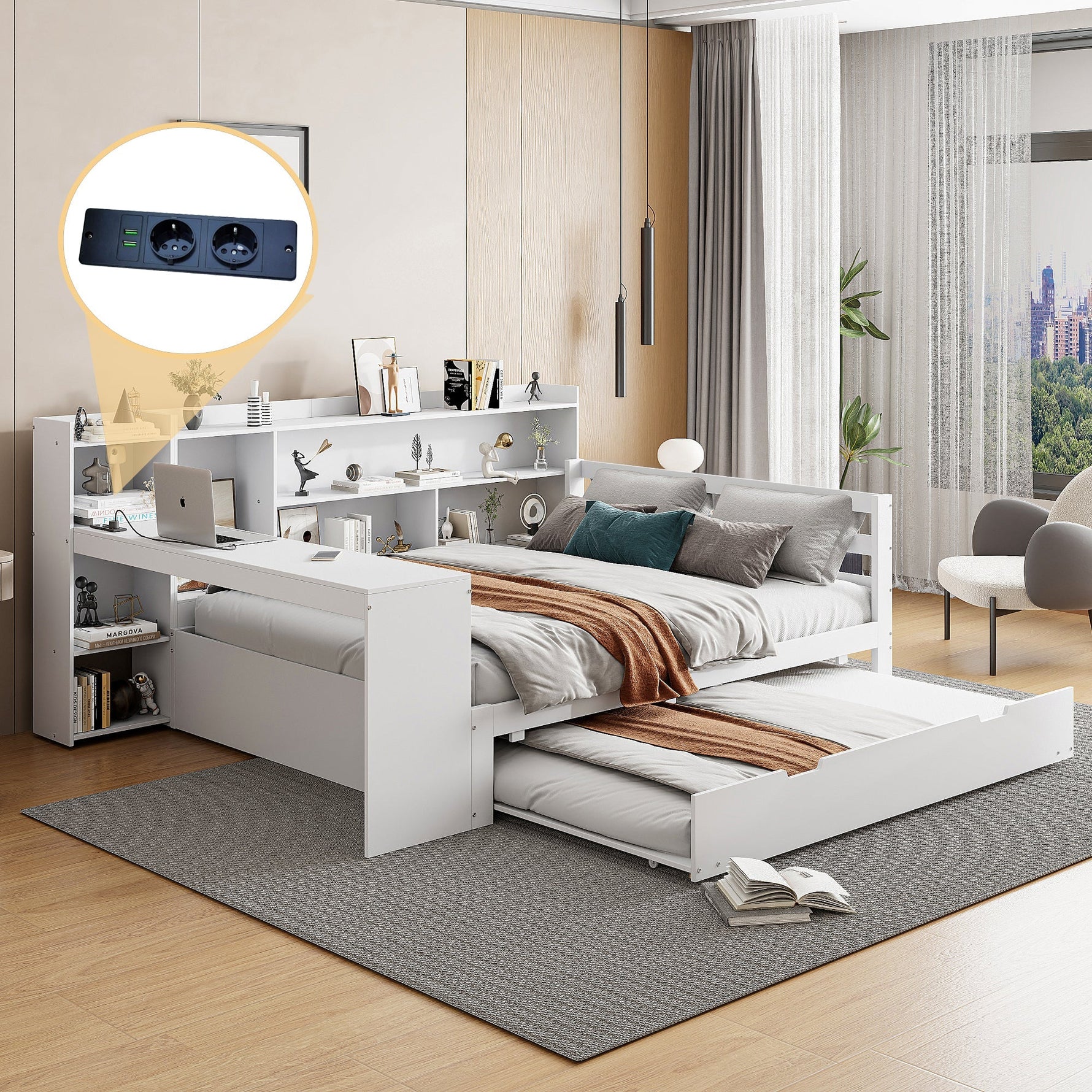 Sofa Bed, Multifunctional Double with Desk, Bookshelves, Storage, Power Outlets, Pull-Out Bed, Solid Wood
