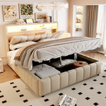 Upholstered Storage Bed 140x200 cm with LED & USB, Beige Linen
