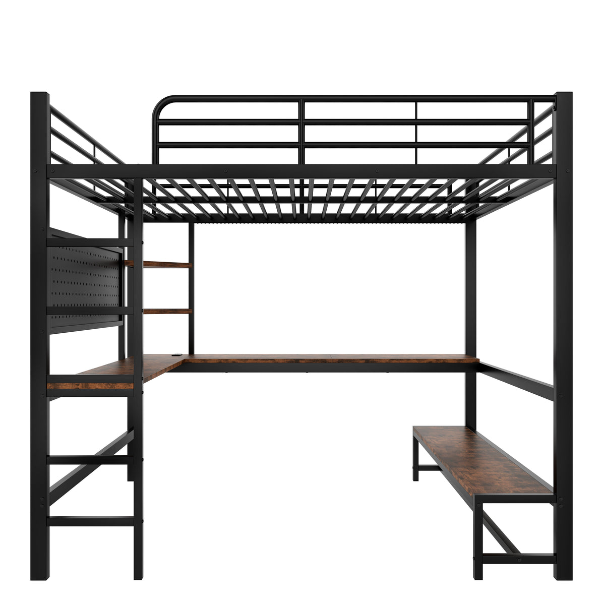 Loft Bed with Desk, USB Sockets, LED Strip and Pegboard, Black Metal Frame