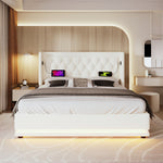 Upholstered Double Bed 180x200 with Storage & LED, White PU
