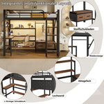 Loft Bed 90x200 with Desk, Shelves & LED Light, Black Iron Frame