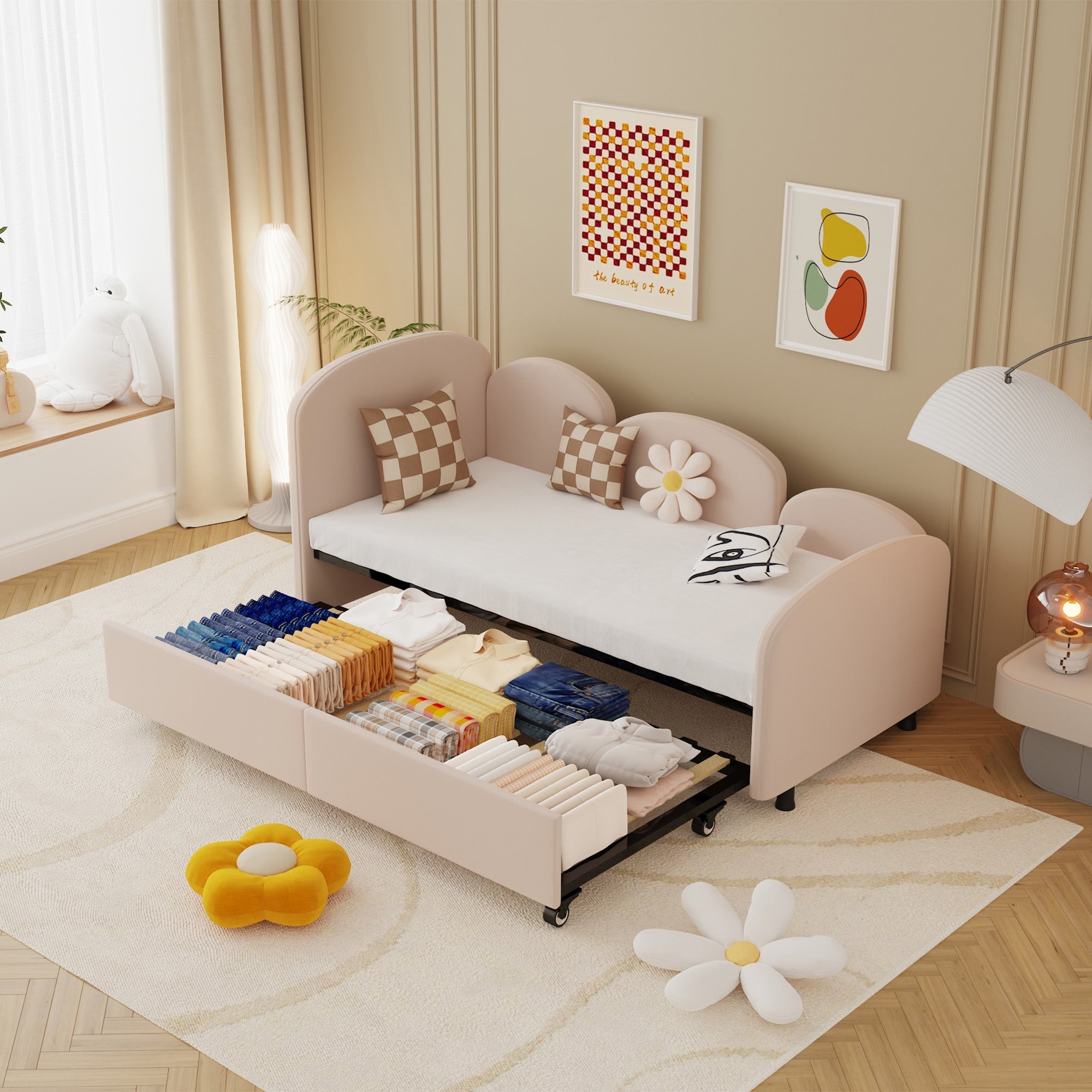 SOFTSEA Twin Size Daybed, Velvet Upholstered with Storage Drawers