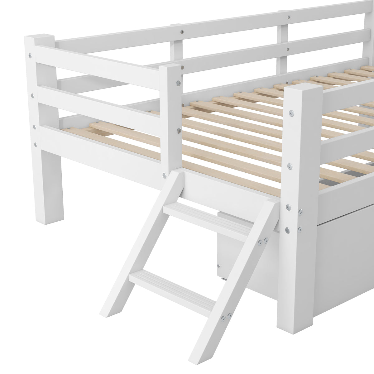 Wooden Platform Bed 90x200cm with Safety Railing & 2 Drawers, White