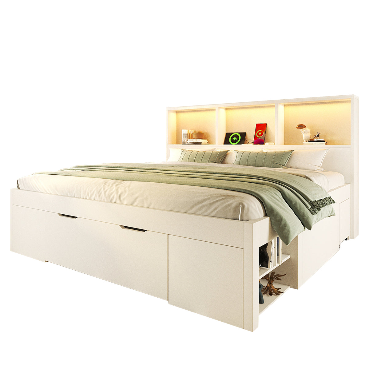 Double Bed 140x190cm with Storage, LED & USB, White Wood