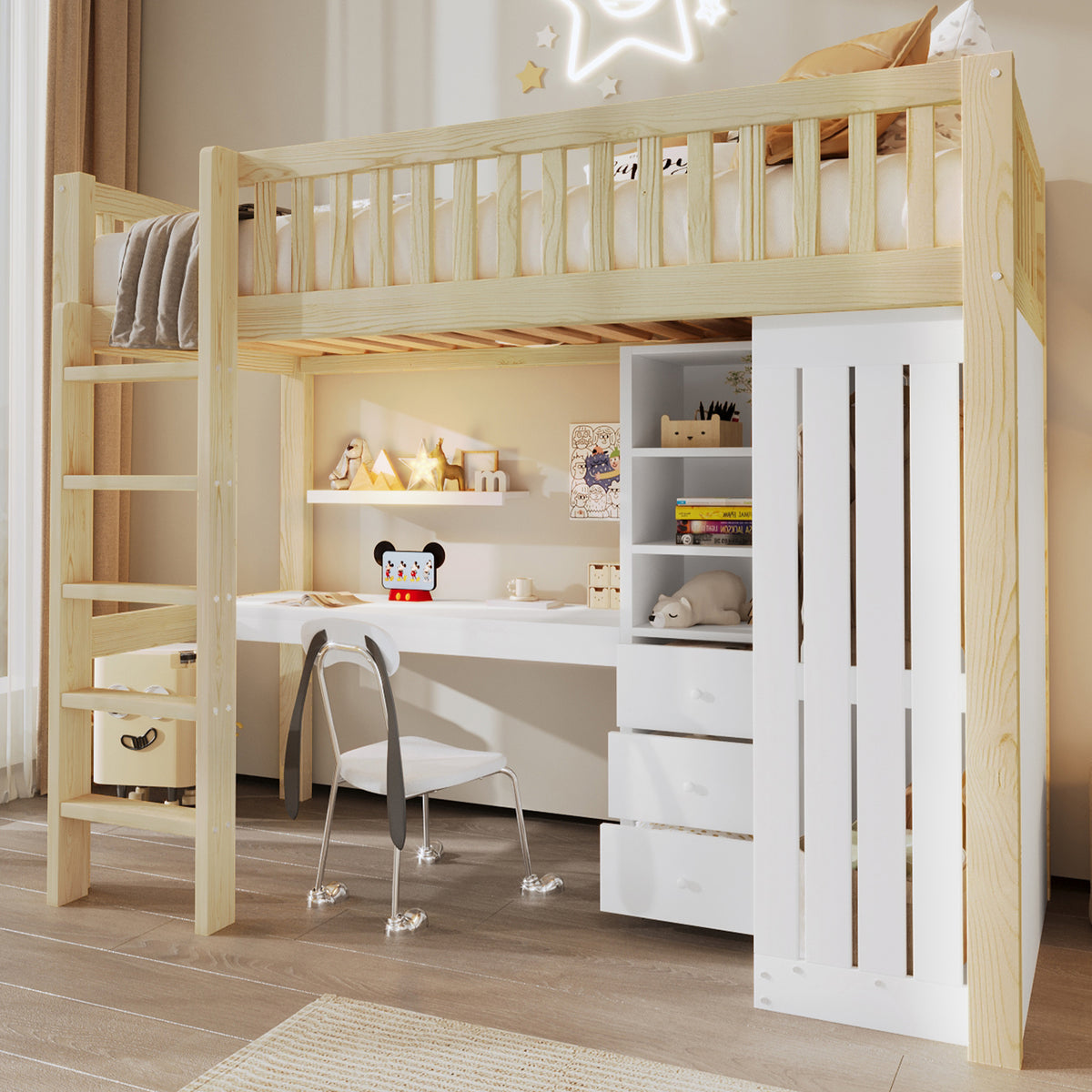 Loft Bed 90x200cm with Desk, Wardrobe & Drawers, Natural