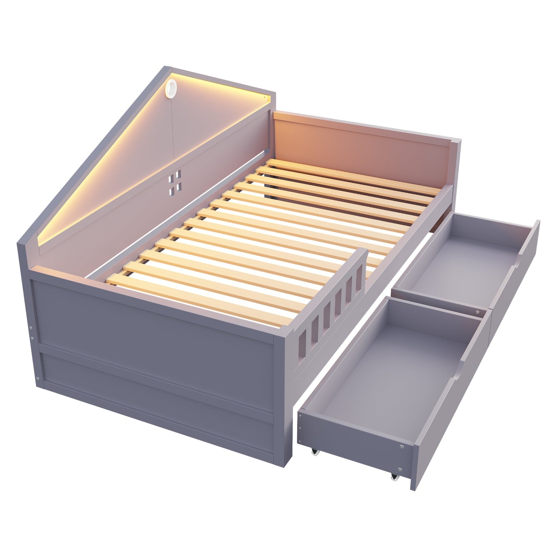 Children's Bed with LED Light Strip and Storage Drawers, 90x200 cm, Grey