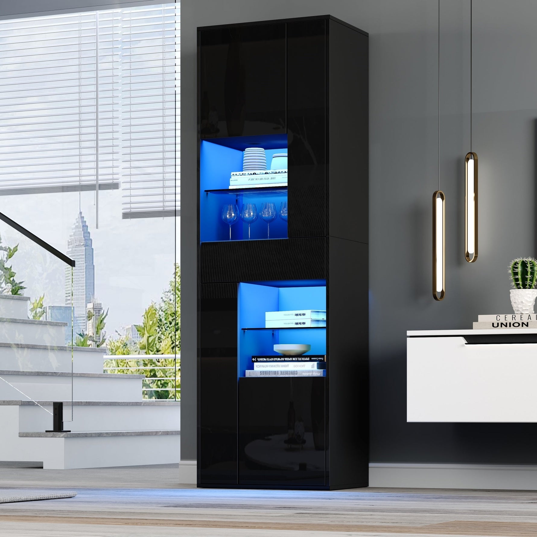 Display Cabinet 55x38x170cm Tall with LED Light, High-Gloss Black