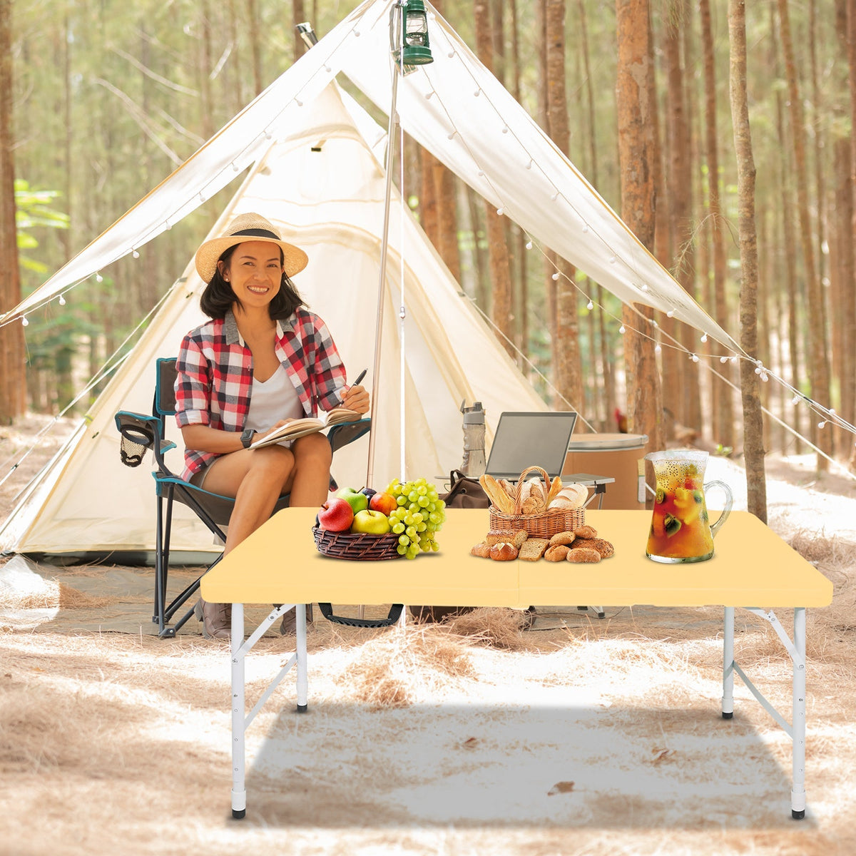 Portable Heavy Duty Folding Table, Adjustable Height, Multi-Functional, Light Yellow