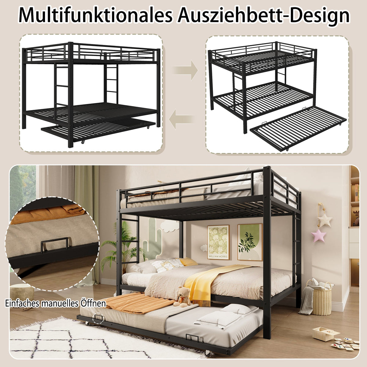 140*200cm Bunk Bed with Pull-out Bed and High Railings, Iron, Black
