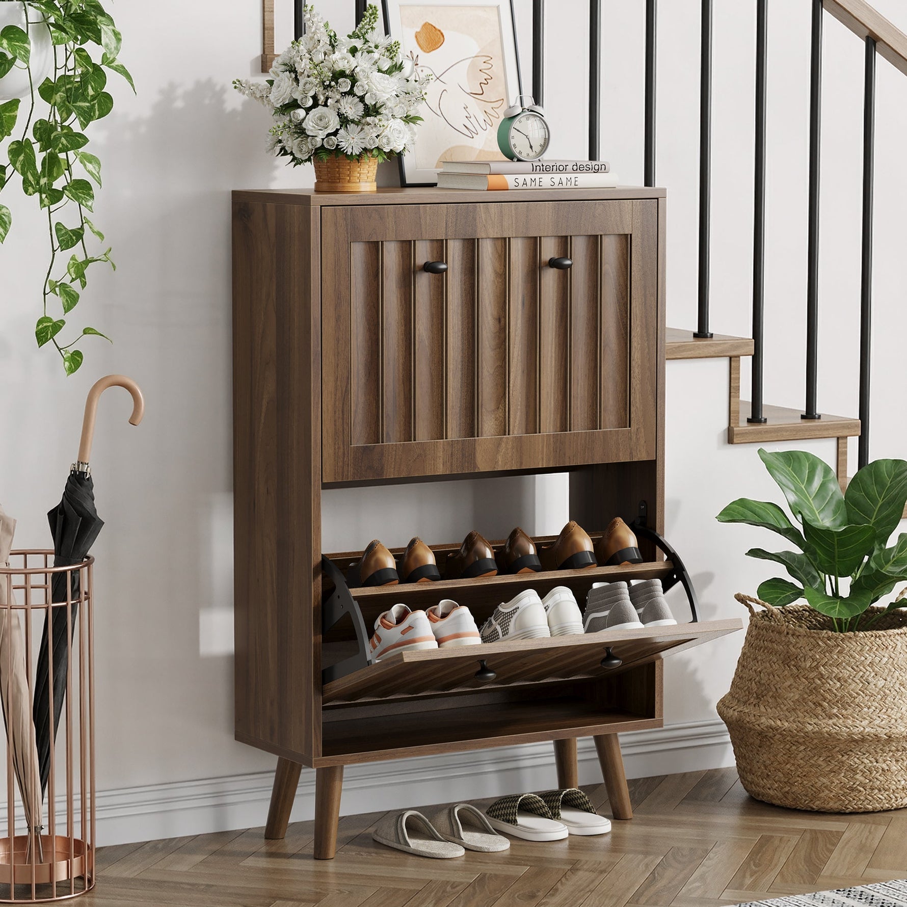 Shoe Storage Cabinet with Vertically Grooved Surface and Medieval Style, 60cm High, Walnut
