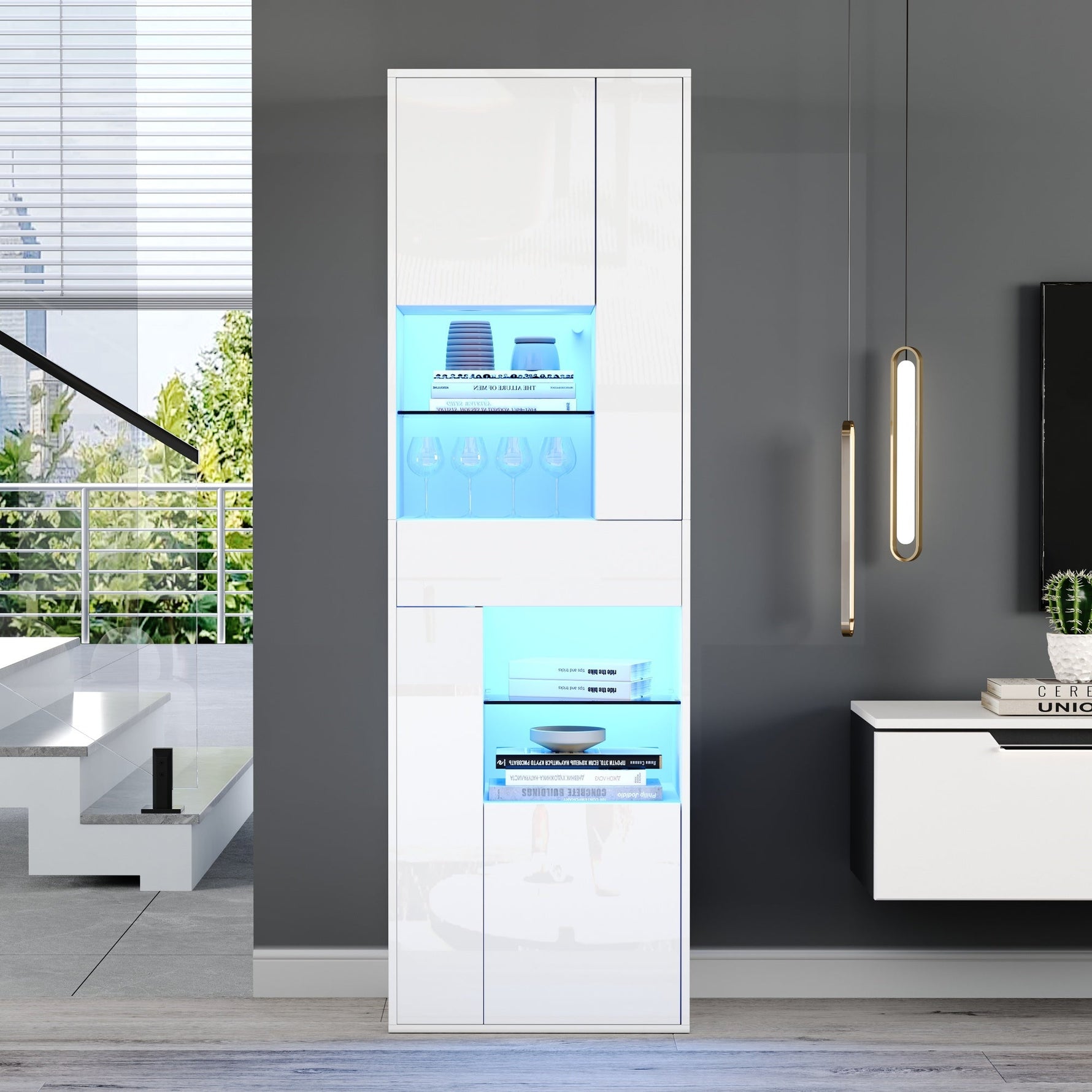 Display Cabinet Tall, LED High-Gloss 1 Drawer 4 Cabinets 55x38x170cm, White