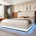 Upholstered Bed, 140x200cm Modern with Adjustable Headboard, USB/Type-C, LED, Hydraulic Lift, XXL Storage - Beige