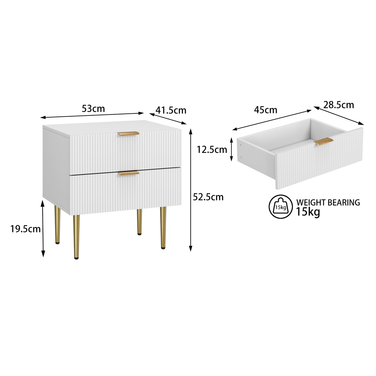 Bedside Table Wave Pattern 2 Drawers Metal Legs - White