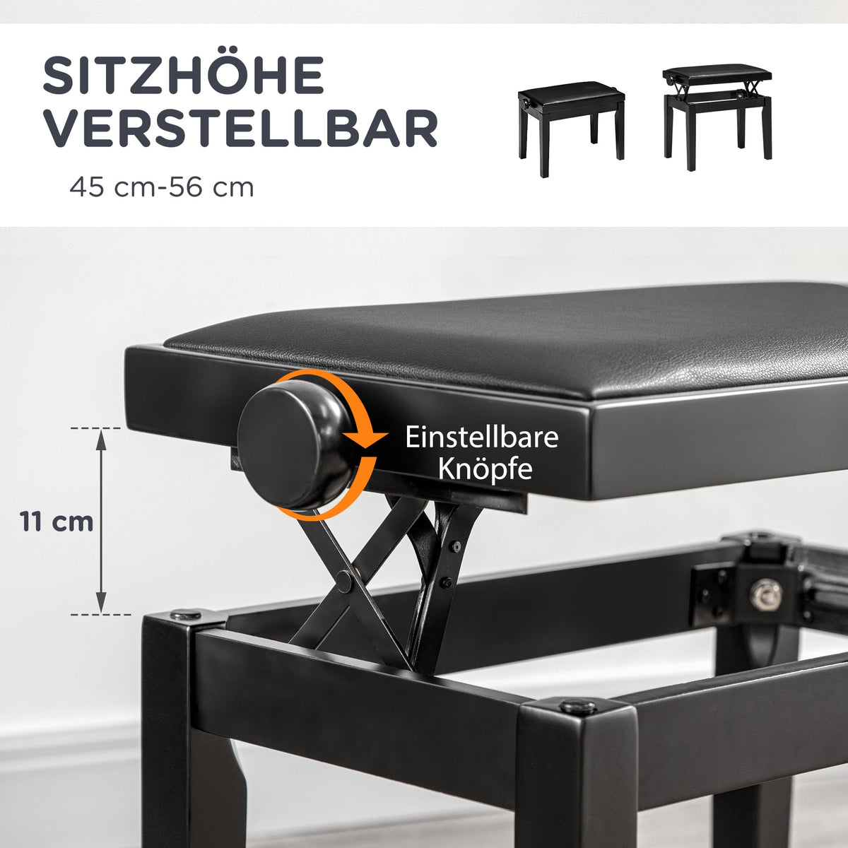 Piano Stool Height-Adjustable, Faux Leather, Black