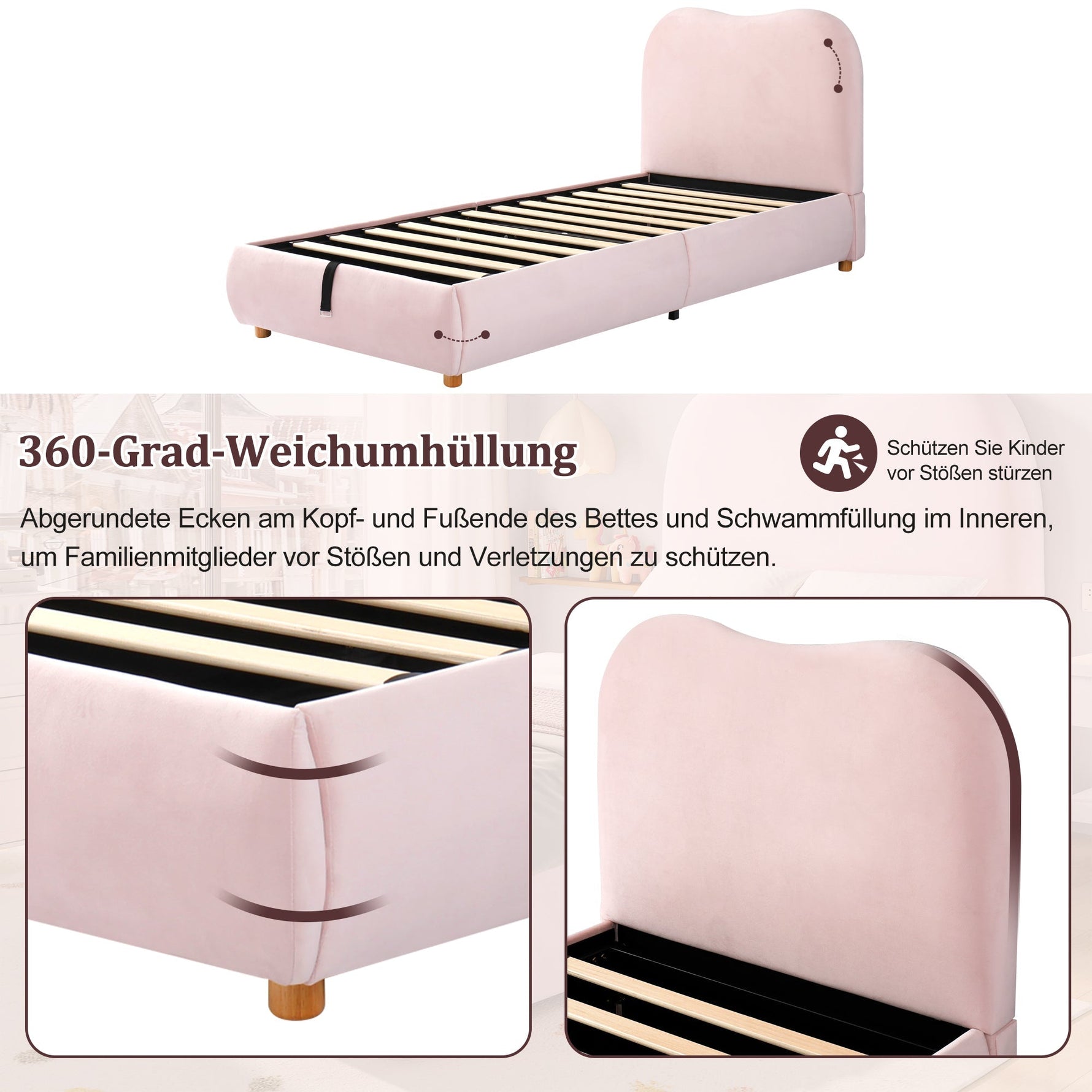 Upholstered Single Bed 90x200cm Hydraulic Storage Slatted Base - Velvet Pink