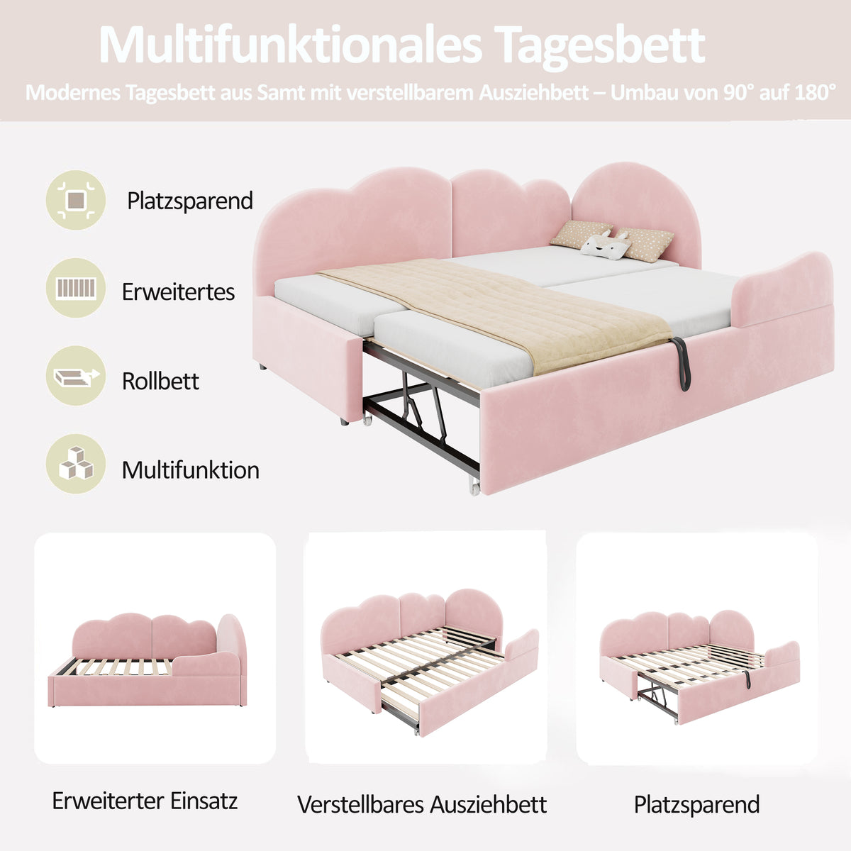 Extendable L-Shaped Sofa Bed with Cloud Headboard, Pink Velvet