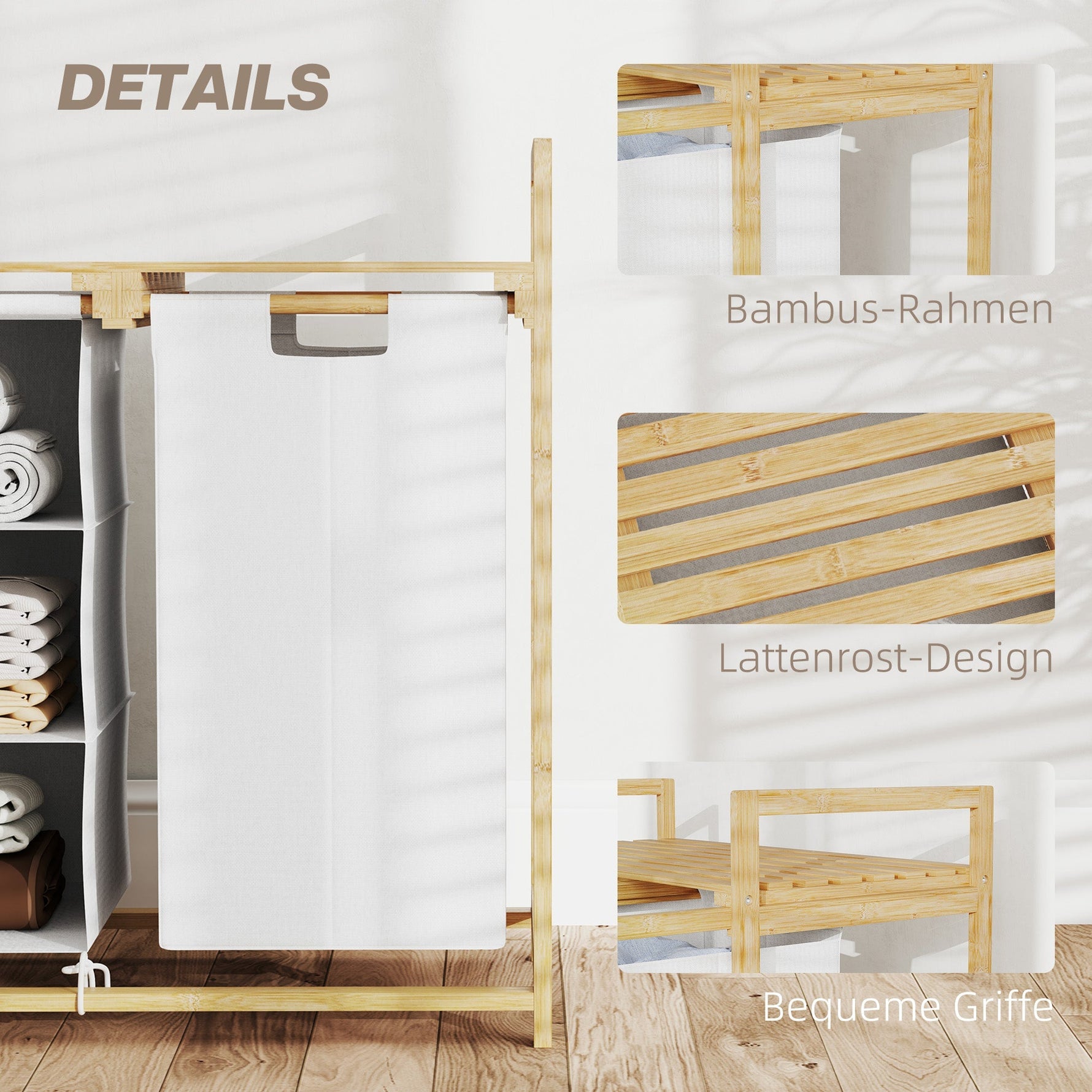 Laundry Basket 4 Compartments, Extendable Bags, 83L, Bamboo White