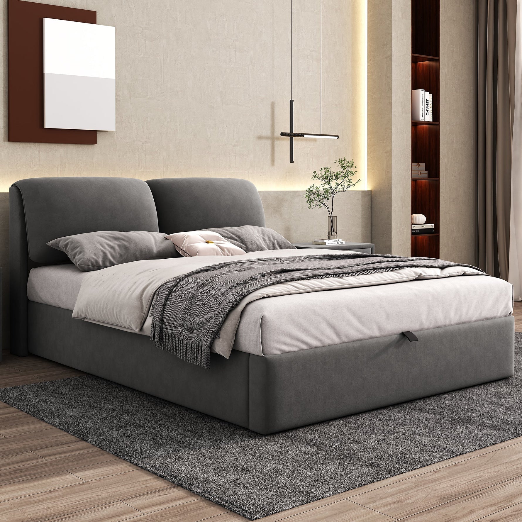 Upholstered Bed with Hydraulic Base, Three Drawers and Storage, 140x190cm, Gray Velvet
