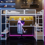 Gaming Loft Bed 140x200cm with Workspace & LED, White Metal