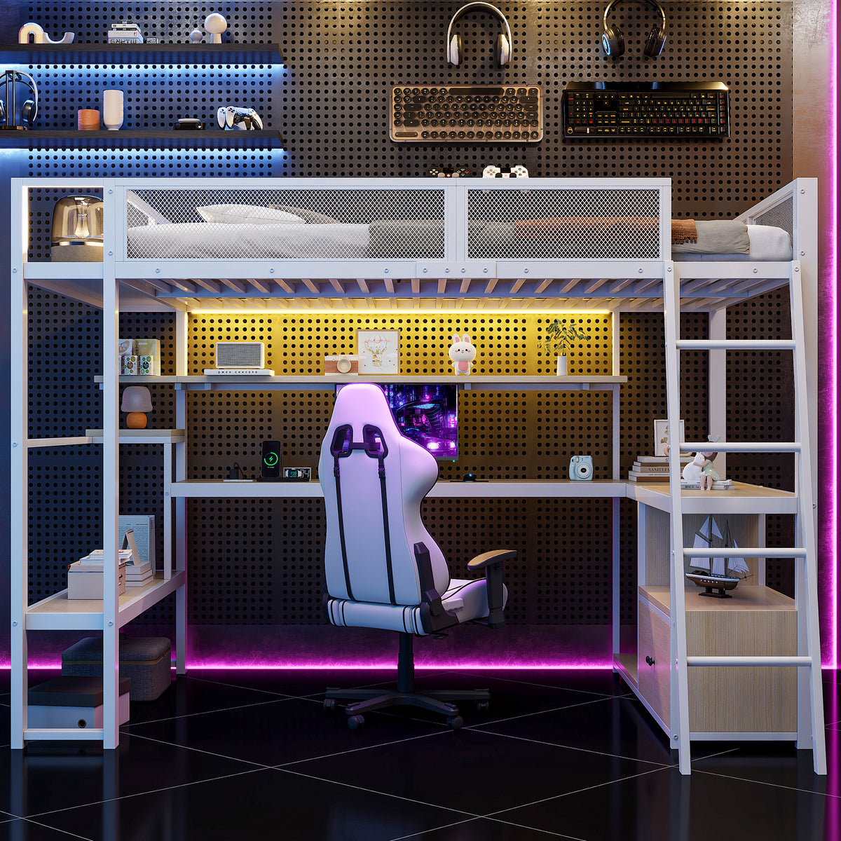 Gaming Loft Bed 140x200cm with Workspace & LED, White Metal