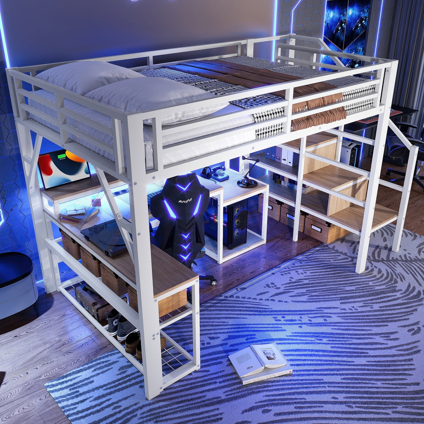 Loft Bed with Desk, LED Lighting and Storage Staircase, 140 x 200 cm, White