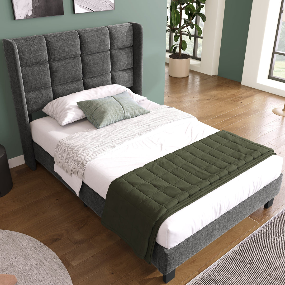 Modern Design Upholstered Bed, Single with Slatted Frame, 90x200cm, Grey Linen