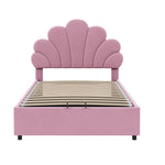 Upholstered Double Bed 90x200cm Floral Headboard Hydraulic Storage Velvet Beige/Pink
