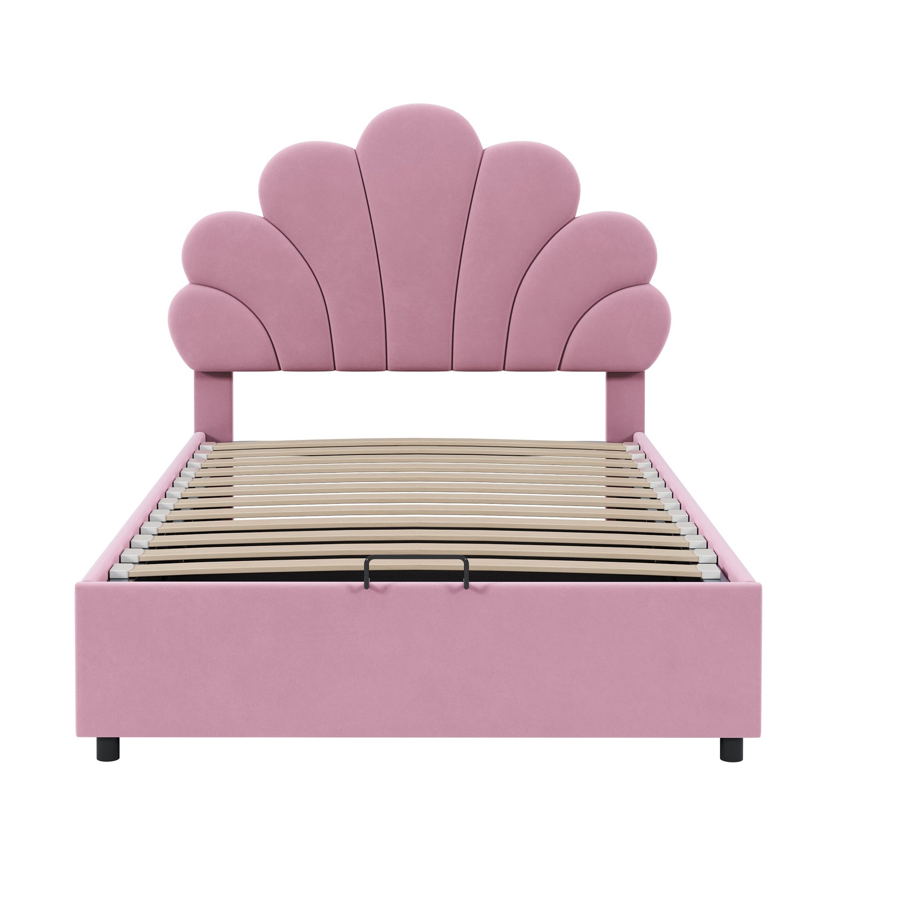 Upholstered Double Bed 90x200cm Floral Headboard Hydraulic Storage Velvet Beige/Pink