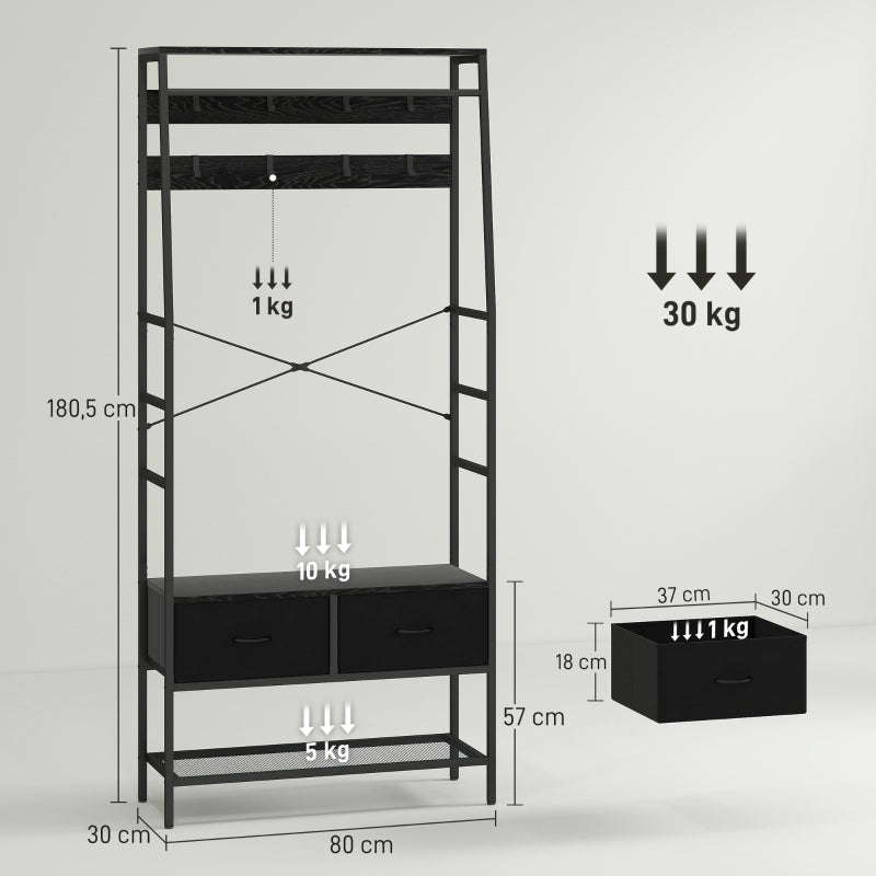 Coat Rack, Shoe Rack, 2 Fabric Drawers, 8 Hooks, Black