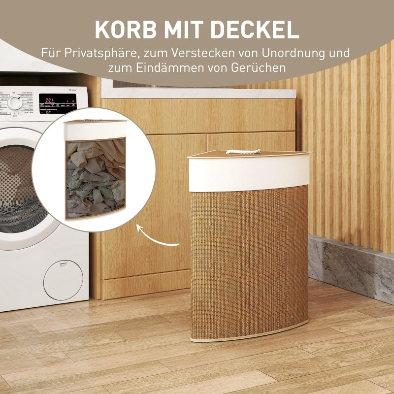Bamboo Laundry Basket, 55 L, Corner, Removable Bag, Brown