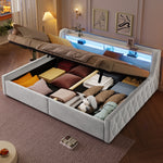 Velvet Platform Bed 140x200 with Hydraulic Storage & LED, Beige