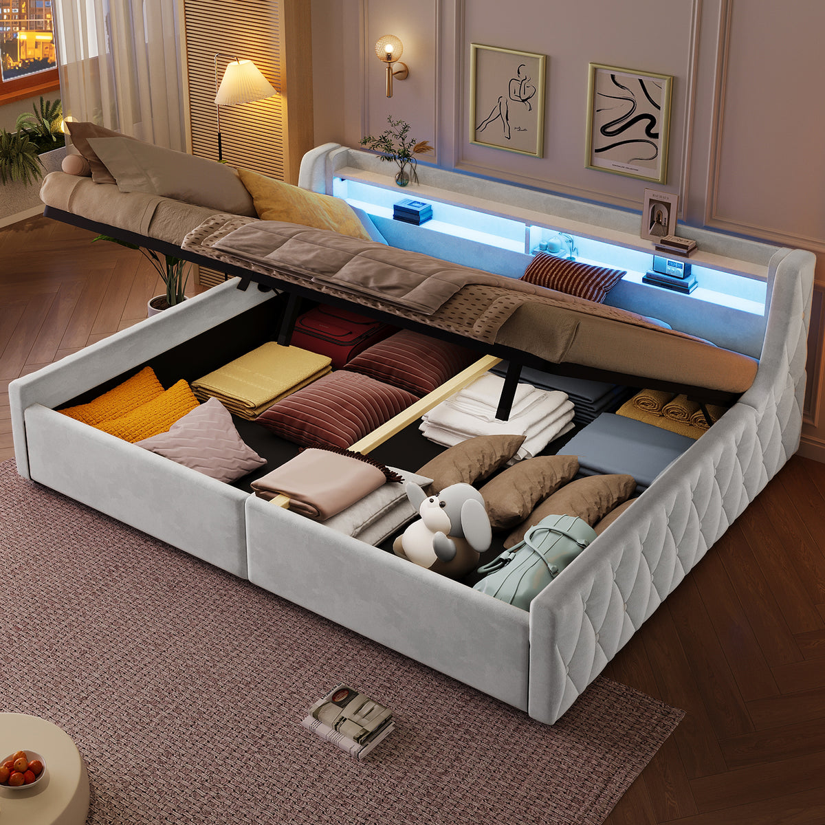 Velvet Platform Bed 140x200 with Hydraulic Storage & LED, Beige