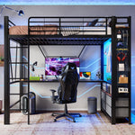 Loft Bed 90x200cm with Desk, Drying Rack, Storage, USB/Type-C & LED - Black Iron Frame