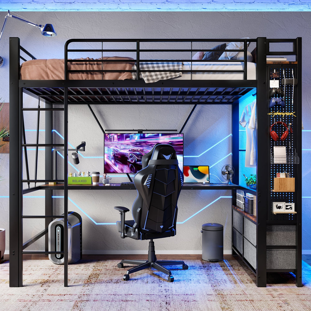 Loft Bed 90x200cm with Desk, Drying Rack, Storage, USB/Type-C & LED - Black Iron Frame