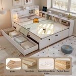 Double Bed Panel Headboard Storage Lights USB Cabinets Drawers Pine+Chipboard+MDF, White, 140x200cm