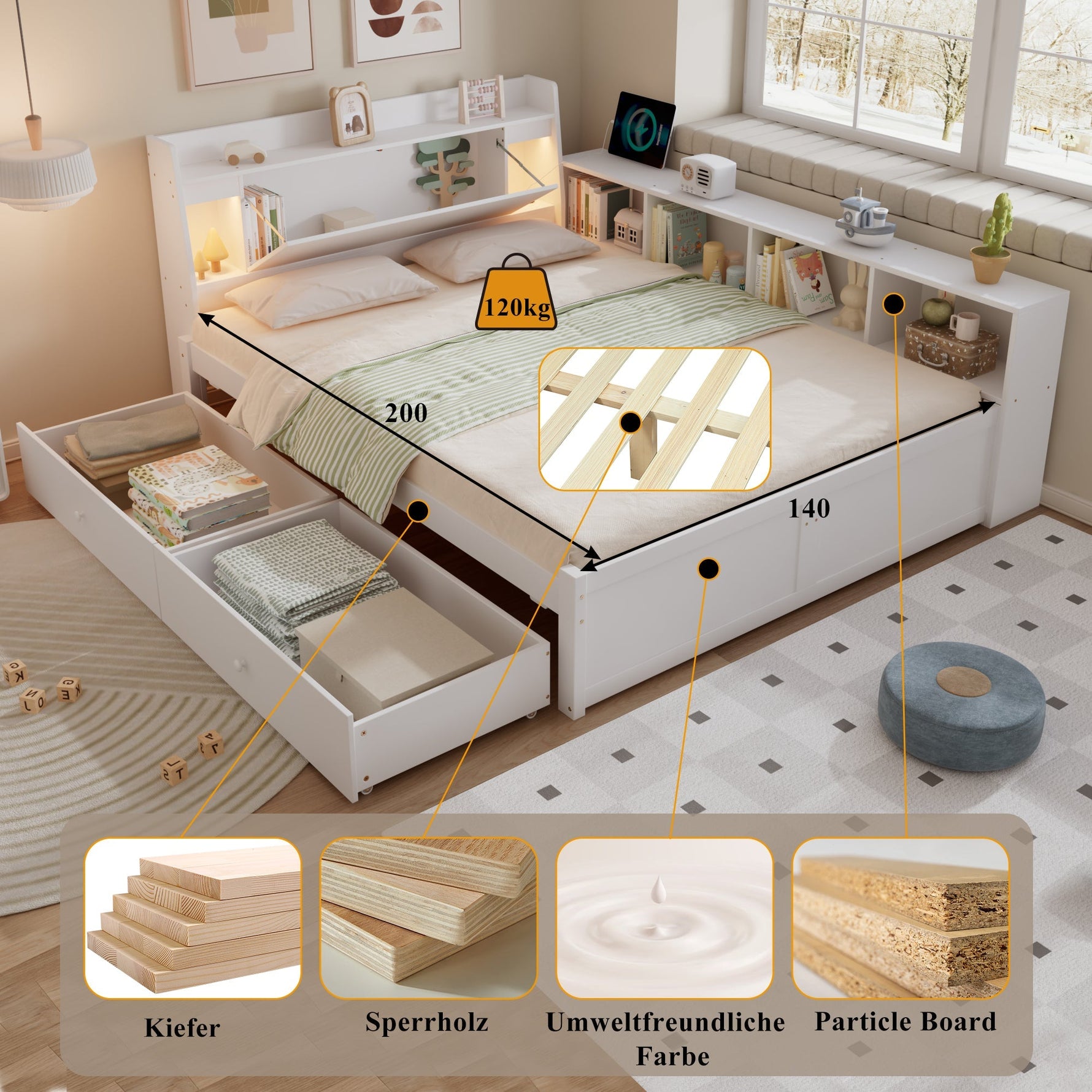 Double Bed Panel Headboard Storage Lights USB Cabinets Drawers Pine+Chipboard+MDF, White, 140x200cm