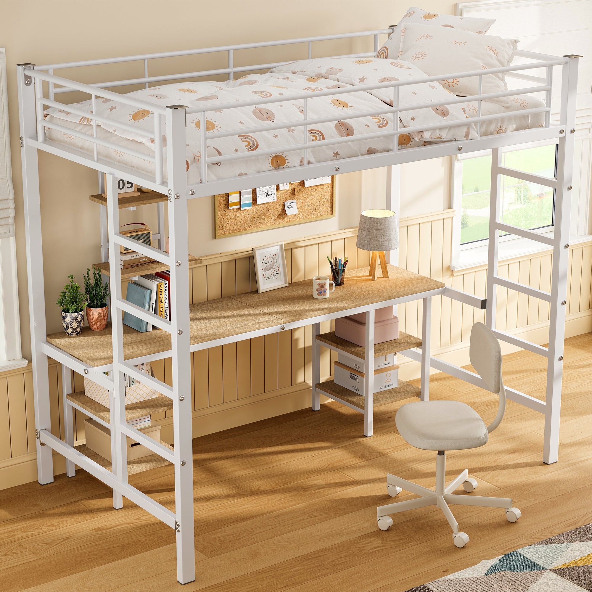 Iron Frame Bunk Bed with Table, Shelves, Safety Rail, 90x200cm, White Iron + MDF