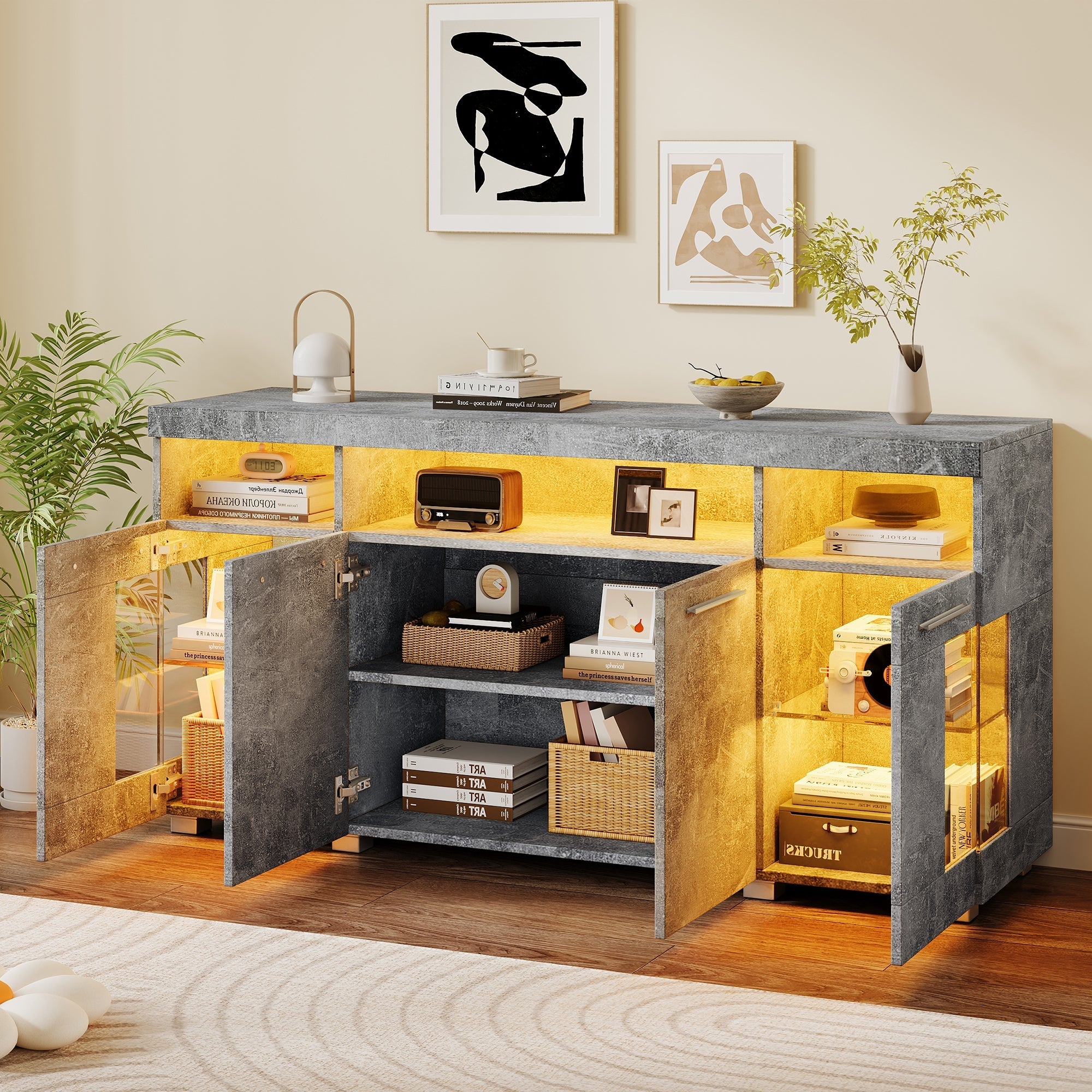 Sideboard Cabinet High-Gloss LED Light Tempered Glass 3 Compartments, Cement-colored