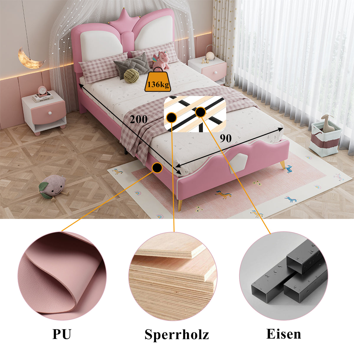 Kids Upholstered Bed 90x200cm Crown Headboard, Pink & White