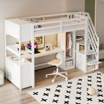 Wooden Loft Bed with Wardrobe, Desk, Storage Stairs, LED and Sockets, 90x200cm, White Pine + MDF