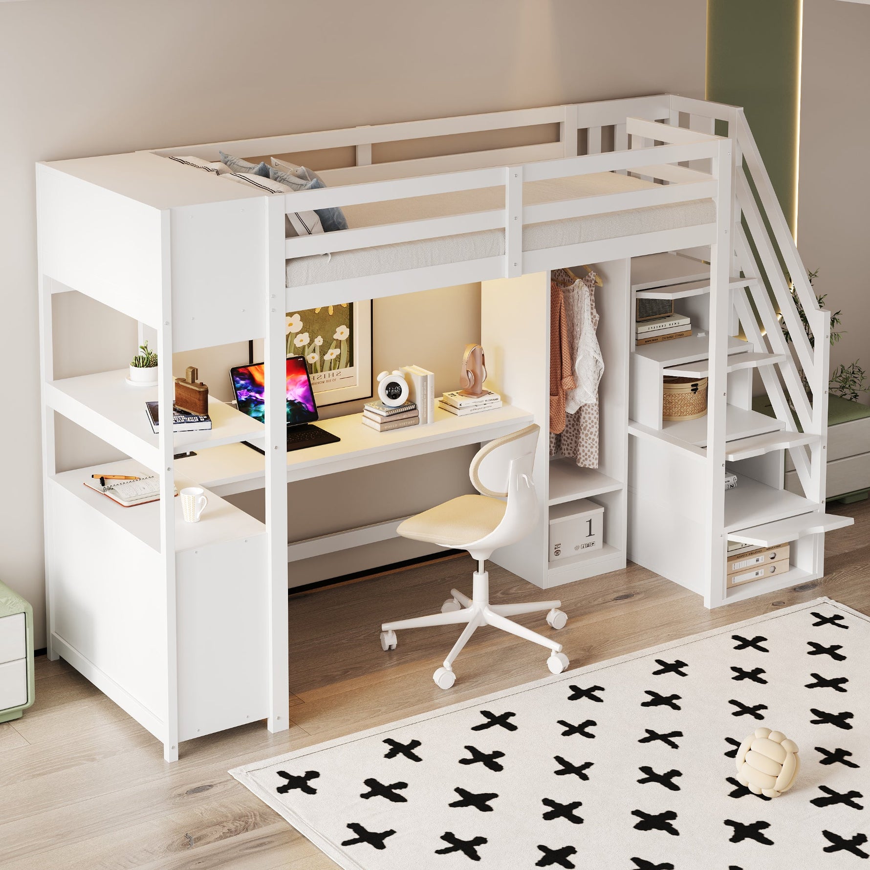 Wooden Loft Bed with Wardrobe, Desk, Storage Stairs, LED and Sockets, 90x200cm, White Pine + MDF