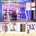 Loft Bed 140x200cm with Desk & Shelves, Light Strip, White Iron