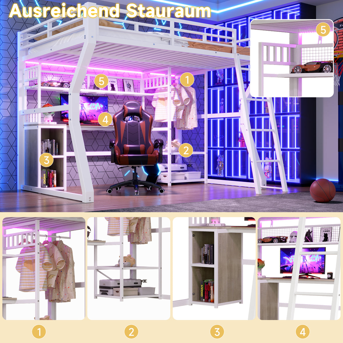 Loft Bed 140x200cm with Desk & Shelves, Light Strip, White Iron