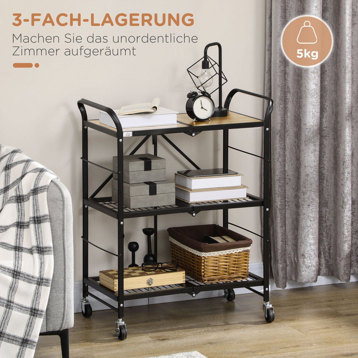 Folding Kitchen Cart, 3 Levels & Handle, Steel, Brown+Black