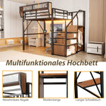 Loft Bed 140x200 with Desk, LED Light & Storage, Black Metal