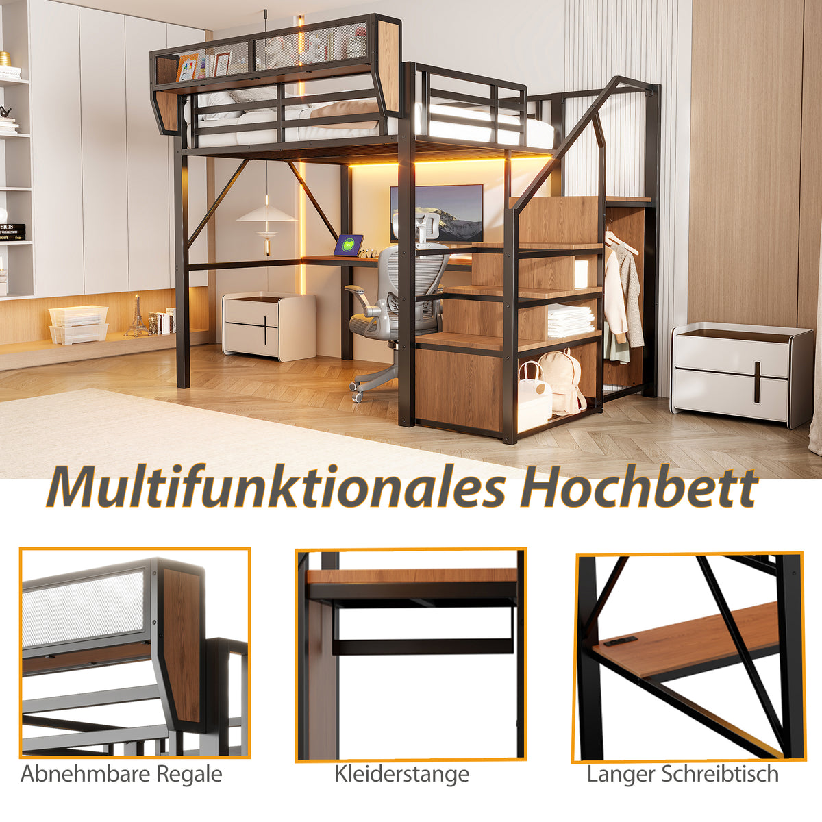 Loft Bed 140x200 with Desk, LED Light & Storage, Black Metal